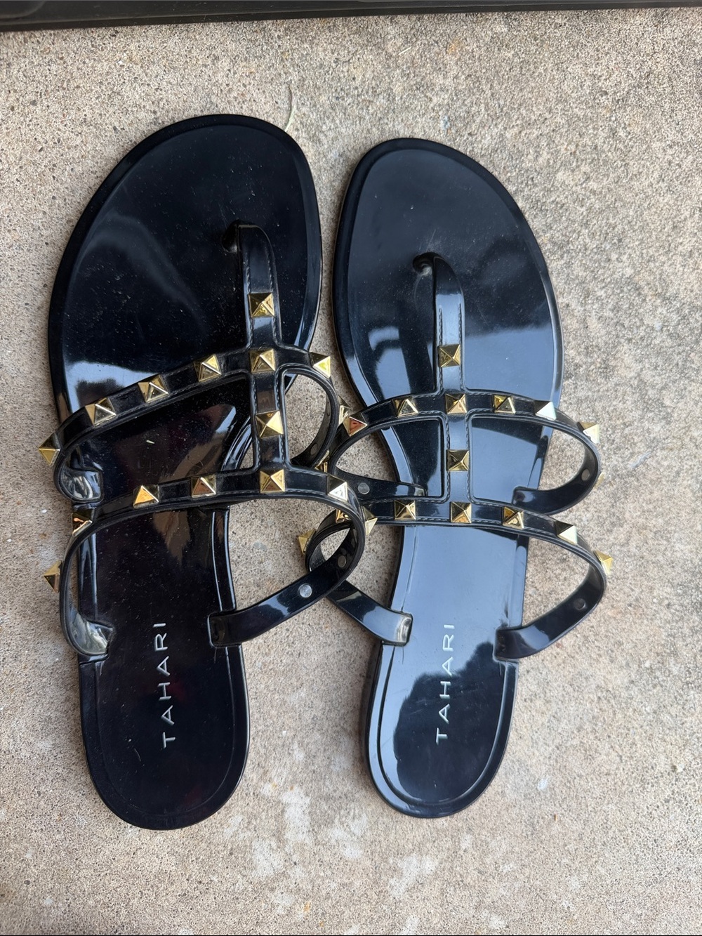 Tahari Black Jelly Slide Sandals with Gold Pyramid Studs